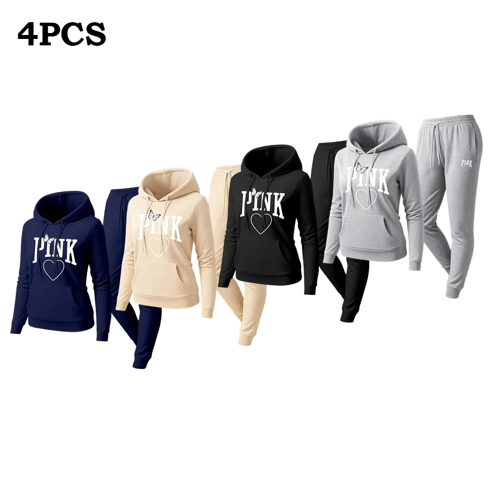 Women's Pink Heart Print Hoodie & Track Pants Set