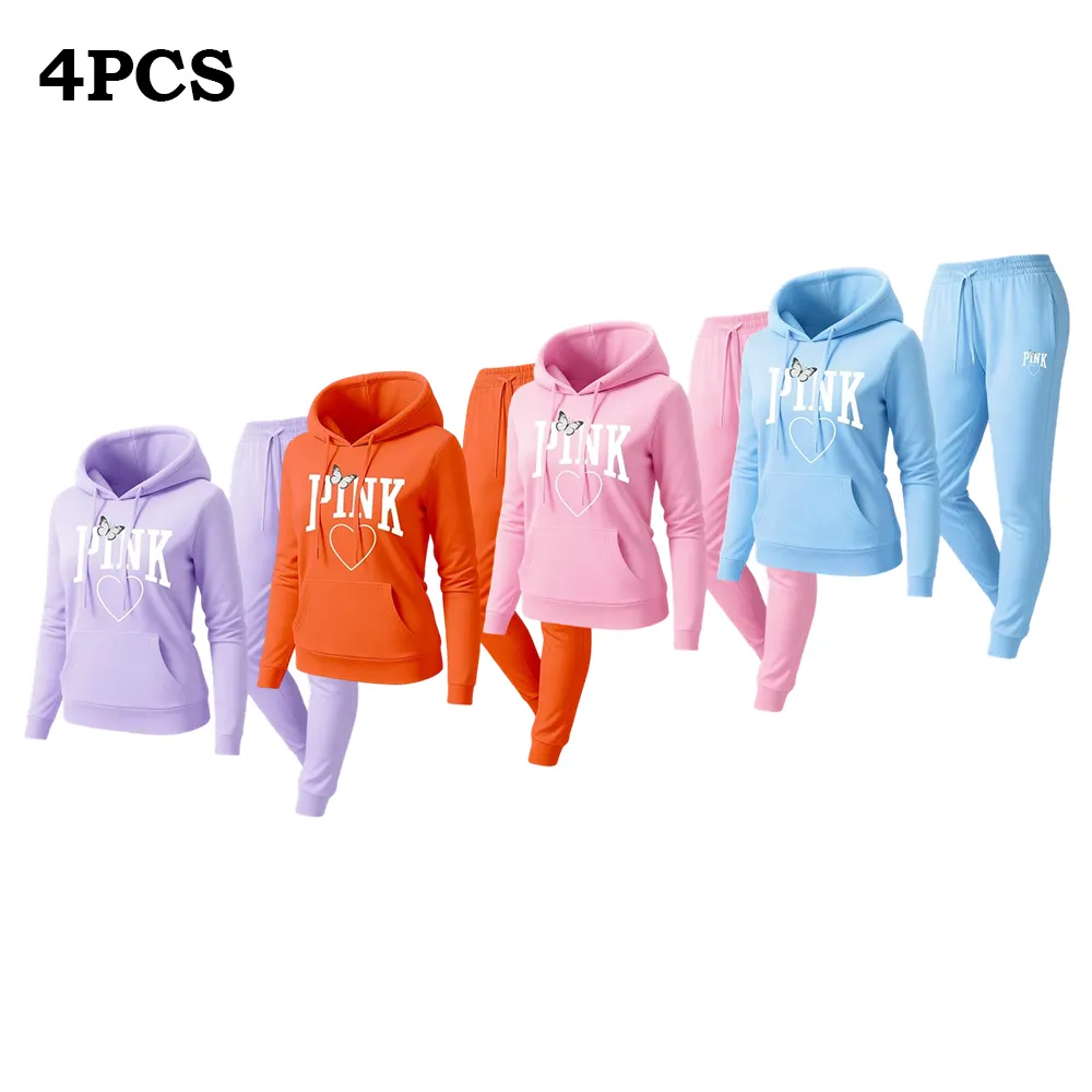 Women's Pink Heart Print Hoodie & Track Pants Set