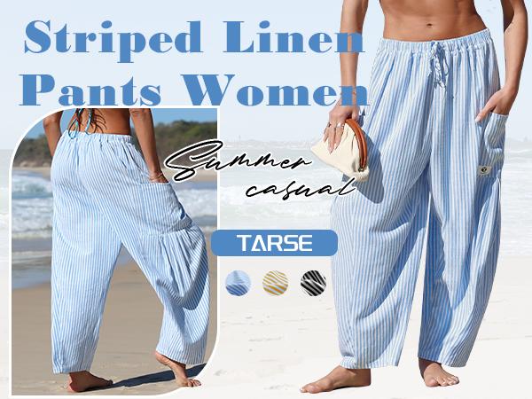 【SS26 Collection】TARSE Womens  Wide Leg Gingham Striped Plaid Pants Casual Barrel Loose Drawstring Low Waist Palazzo Harem Pants with Pockets