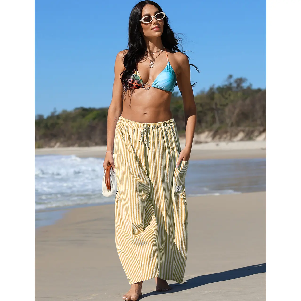 TARSE Women's Wide Leg Striped Palazzo Pants with Pockets