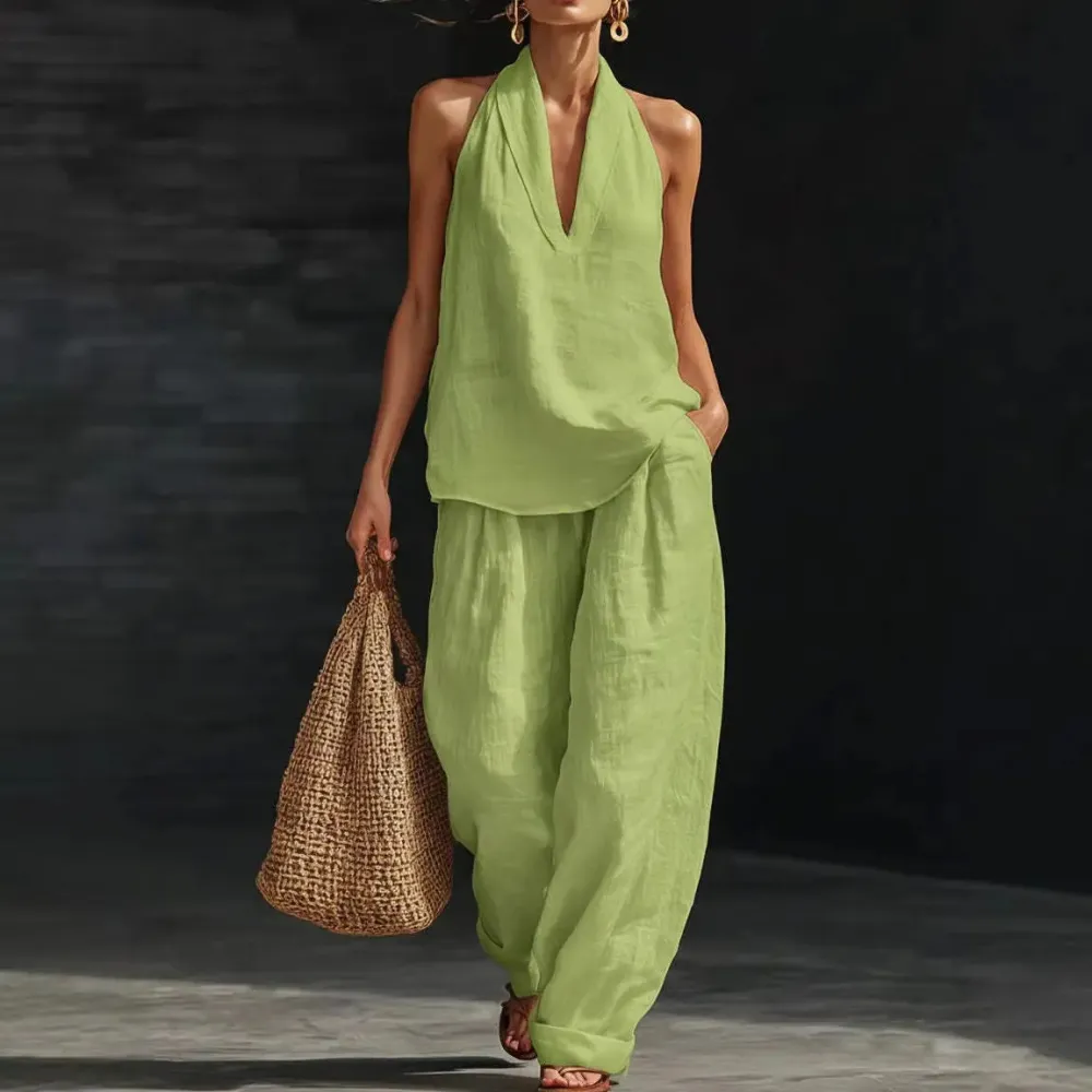 Women's Boho Linen Two Piece Set Halter Neck Sleeveless Top & Wide Leg Pants Beach Vacation Brunch Casual Outfit