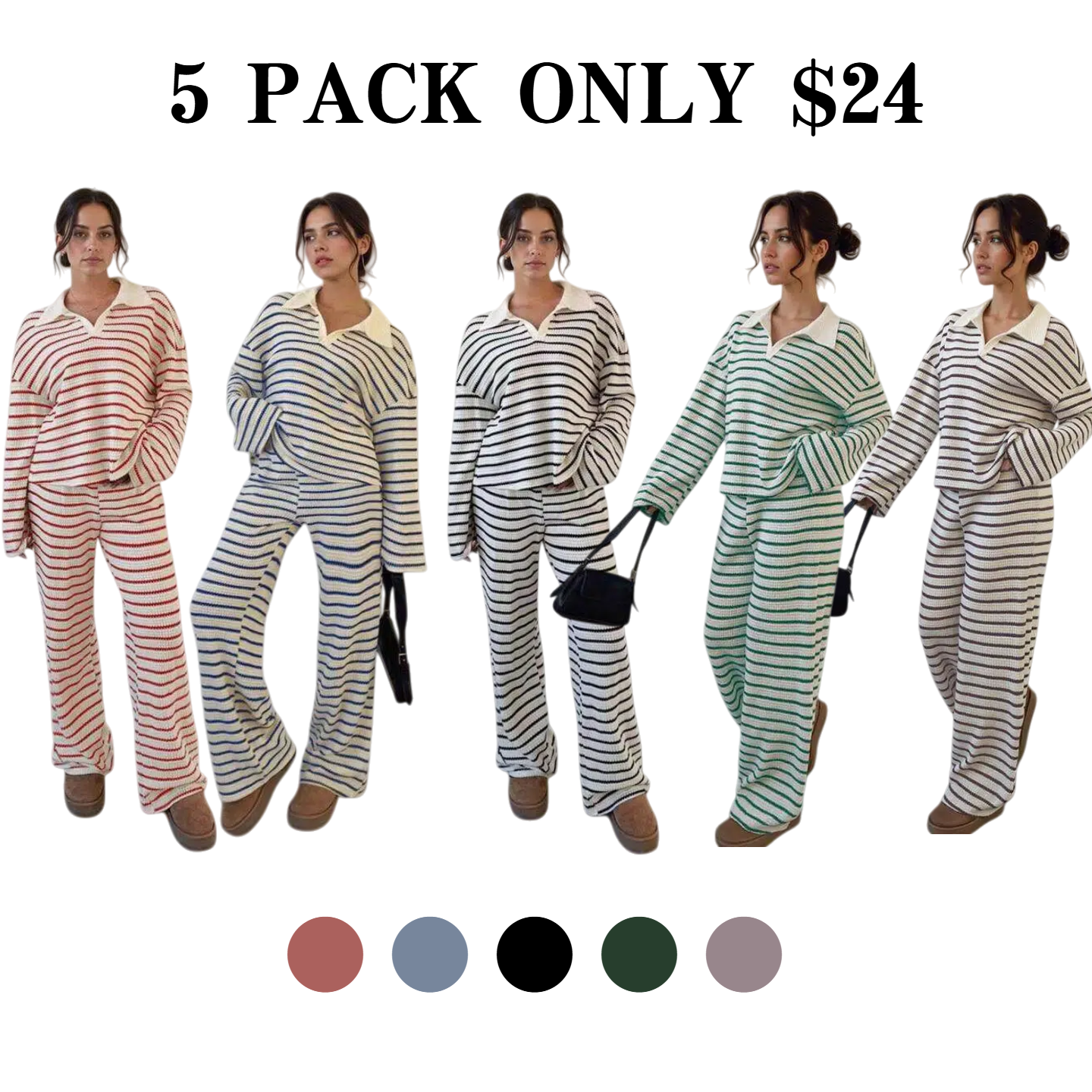 🔥5 PACK ONLY $24 Women's Casual Color-Block Striped Long-Sleeve Top and Wide-Leg Pants Set