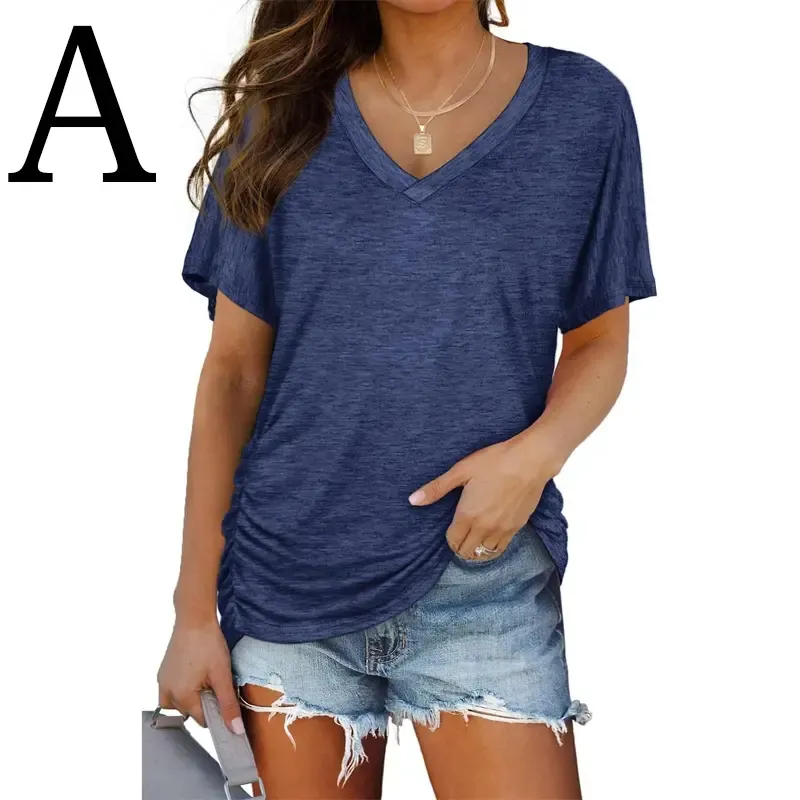 Womens Short Sleeve V Neck Dolman Tops with Side Shirring