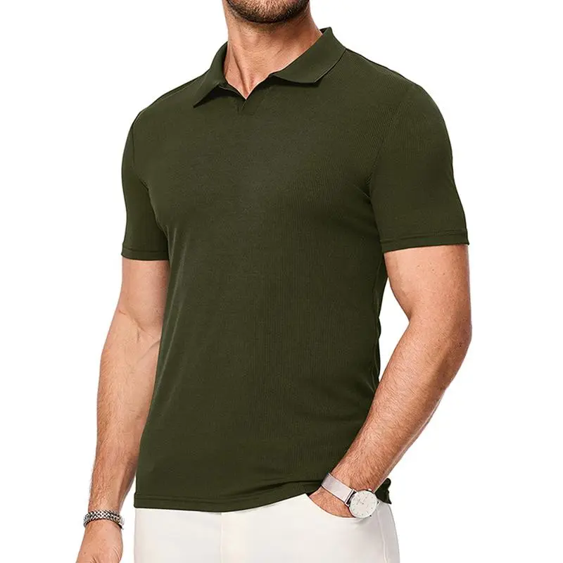 JMIERR Men's Muscle V - Neck Slim - Fit Ribbed Polo