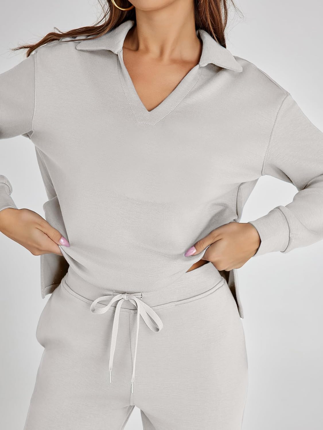 Women's 2 Piece Sets Outfits Casual Long Sleeve Sweatsuits Polo Top and Wide Leg Pants Matching Sets