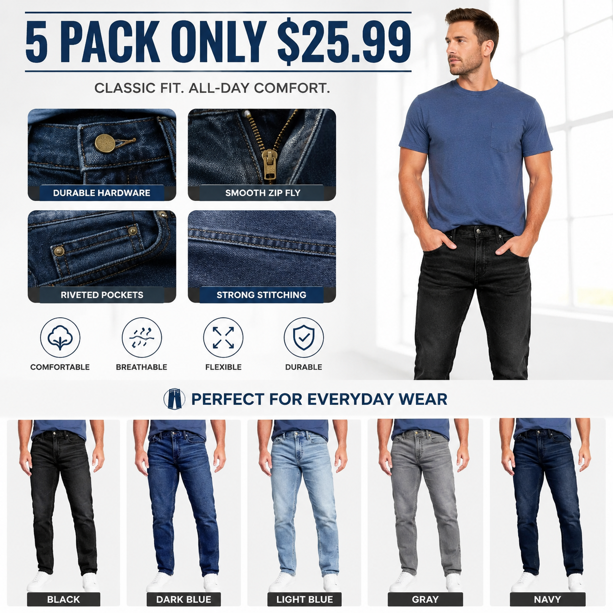 🔥Men's 3-Pack Rebar M4 Relaxed DuraStretch Basic Jeans