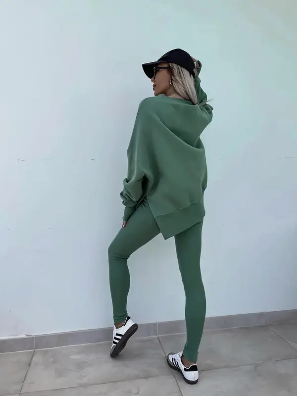 🔥Women's Solid Drop Shoulder Split Hem Sweatshirt & Pants Two-piece Set