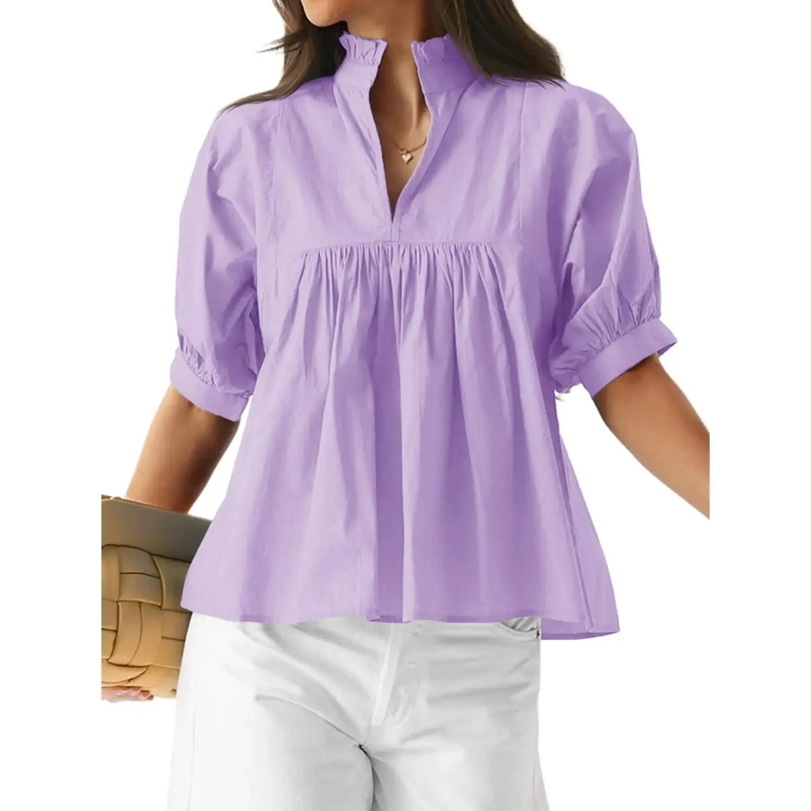 Womens V Neck Puff Sleeve Blouse Babydoll Peplum Tops Dressy Casual Pleated Loose Fit Shirts