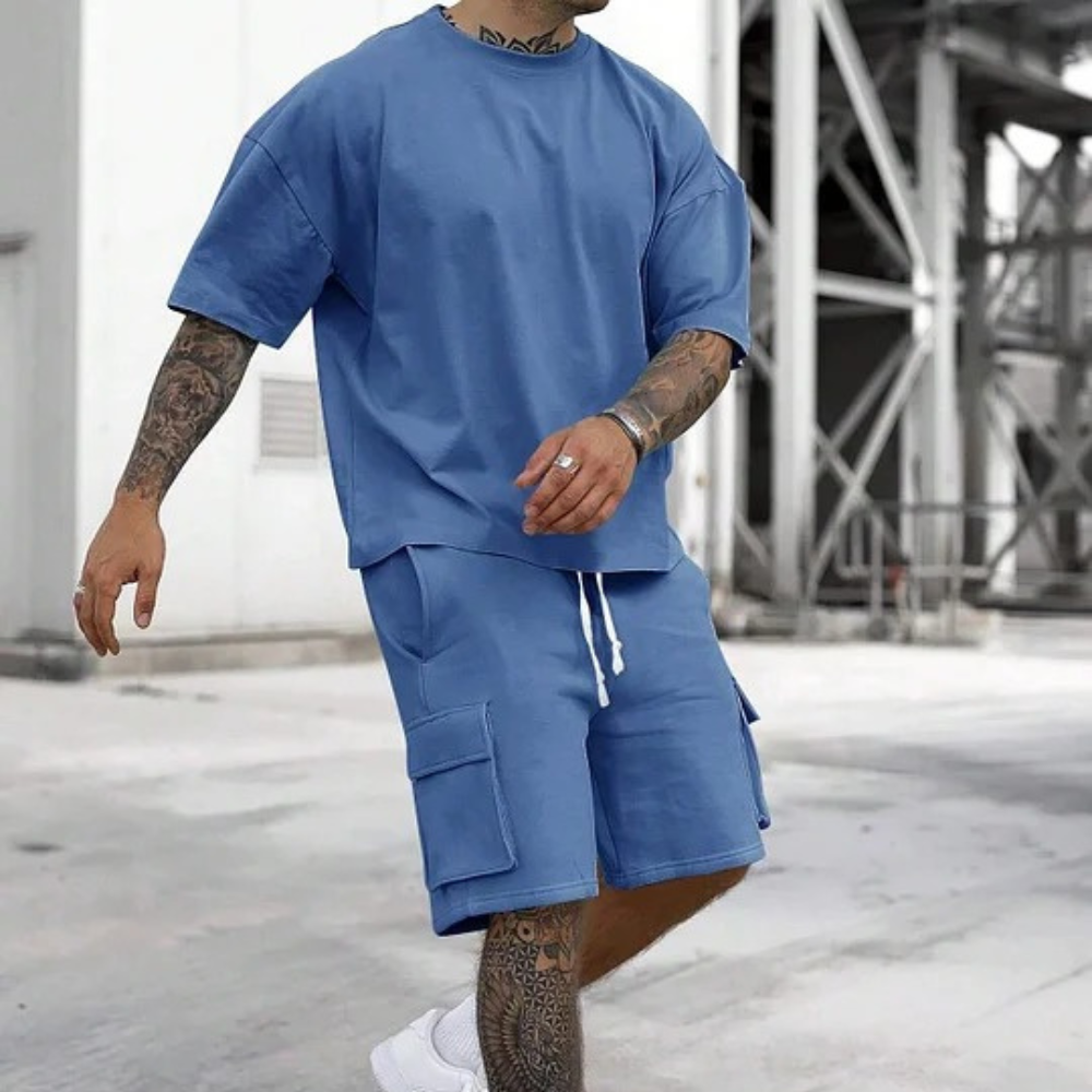 Men's Solid Tee & Cargo Shorts Set