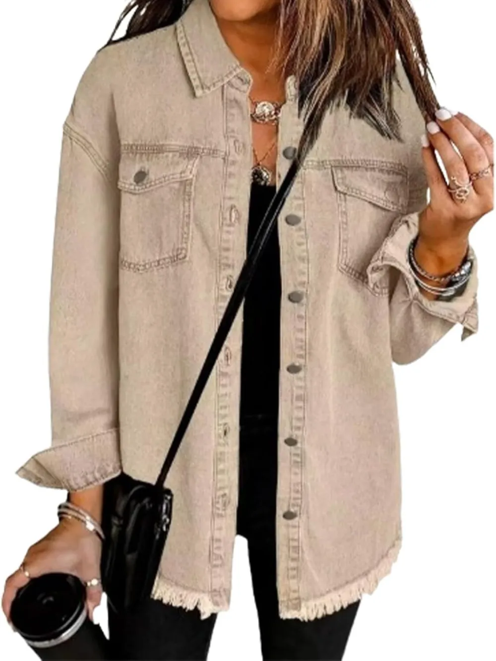 Women's Casual Denim Button Down Distressed Jacket