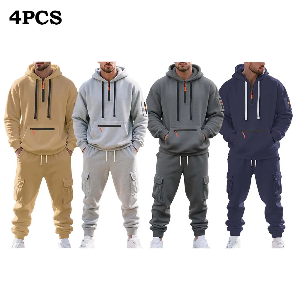 Men’s Fleece-Lined 2-Piece Tracksuit: Tactical Quarter-Zip Hoodie + Cargo Joggers
