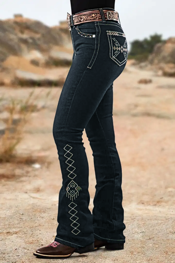 Wash Geo Embroidery Rhinestone Decor Mid Rise Bootcut Jeans Without Belt