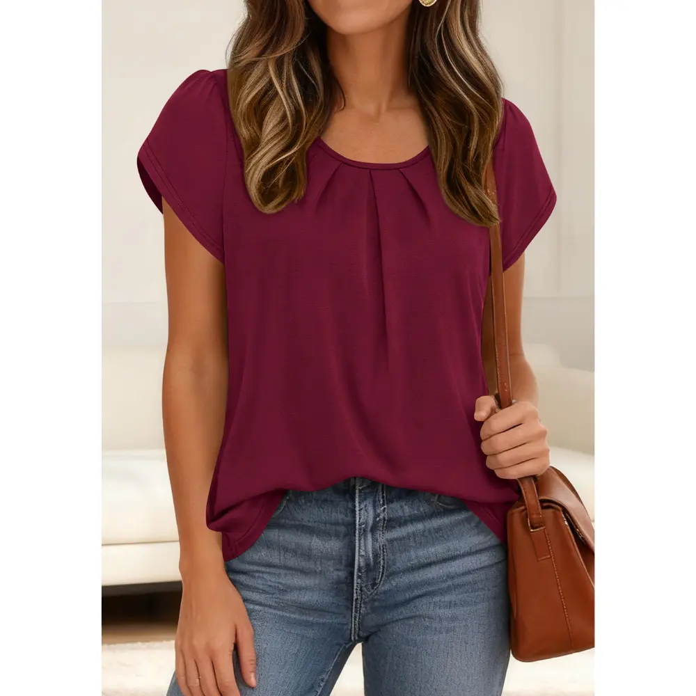 Women's Summer Pleated Crew Neck T-Shirt