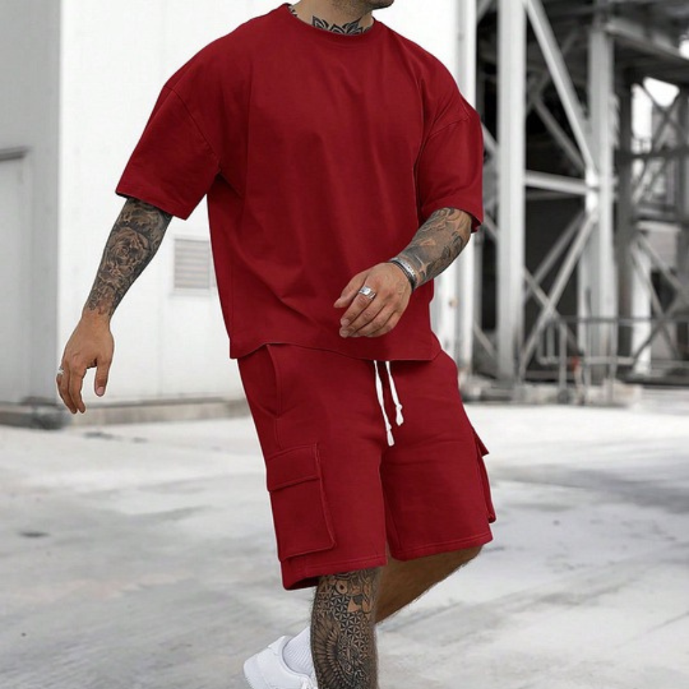 Men's Solid Tee & Cargo Shorts Set