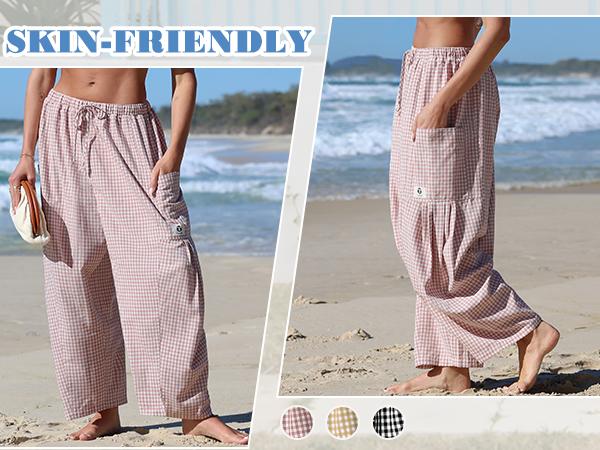 【SS26 Collection】TARSE Womens  Wide Leg Gingham Striped Plaid Pants Casual Barrel Loose Drawstring Low Waist Palazzo Harem Pants with Pockets
