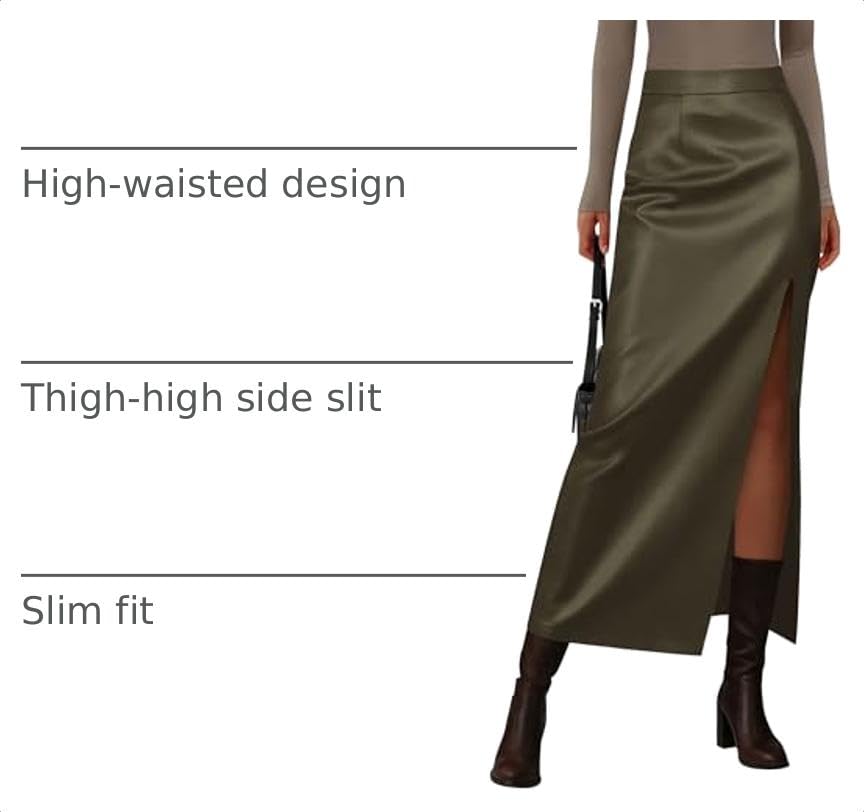 Women's Faux Leather Long Pencil Skirt,Dark Army Green,XS