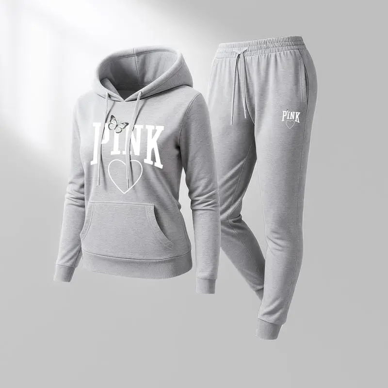 Women's Pink Heart Print Hoodie & Track Pants Set