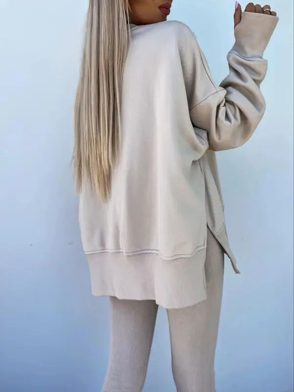🔥Women's Solid Drop Shoulder Split Hem Sweatshirt & Pants Two-piece Set
