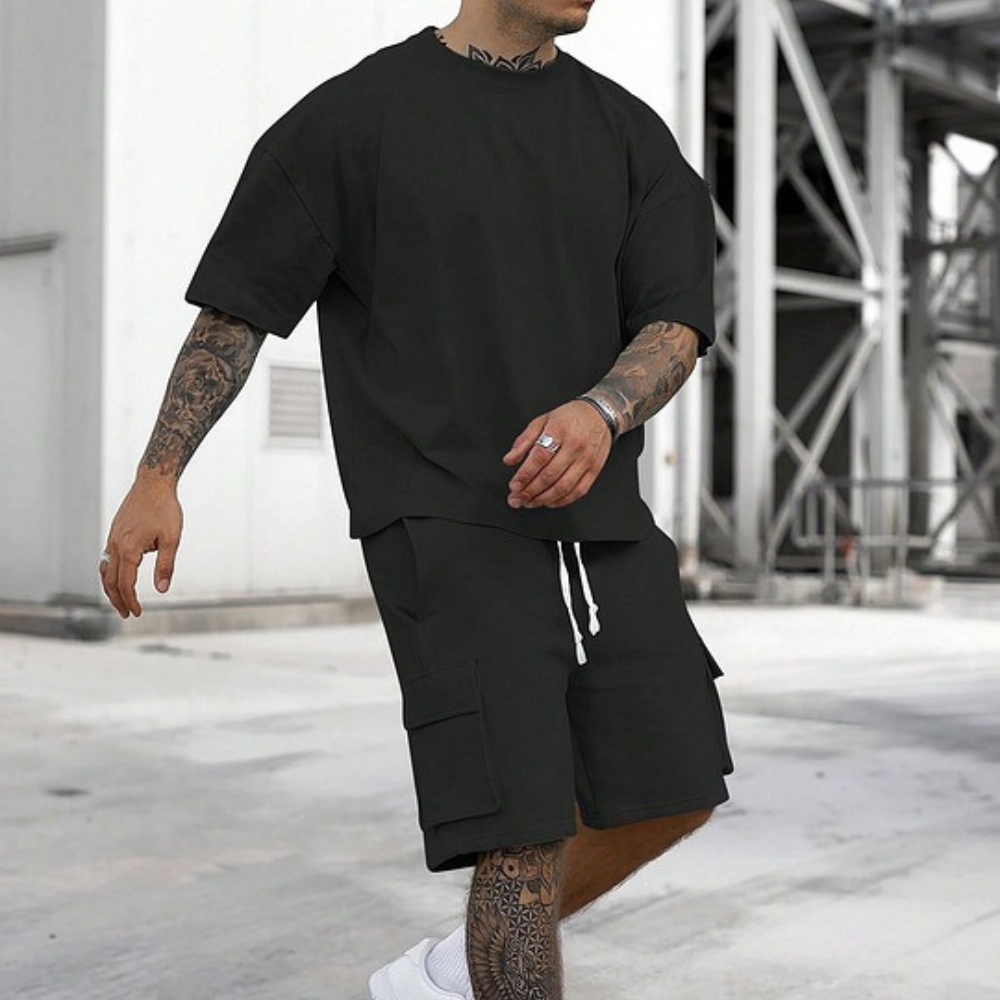 Men's Solid Tee & Cargo Shorts Set