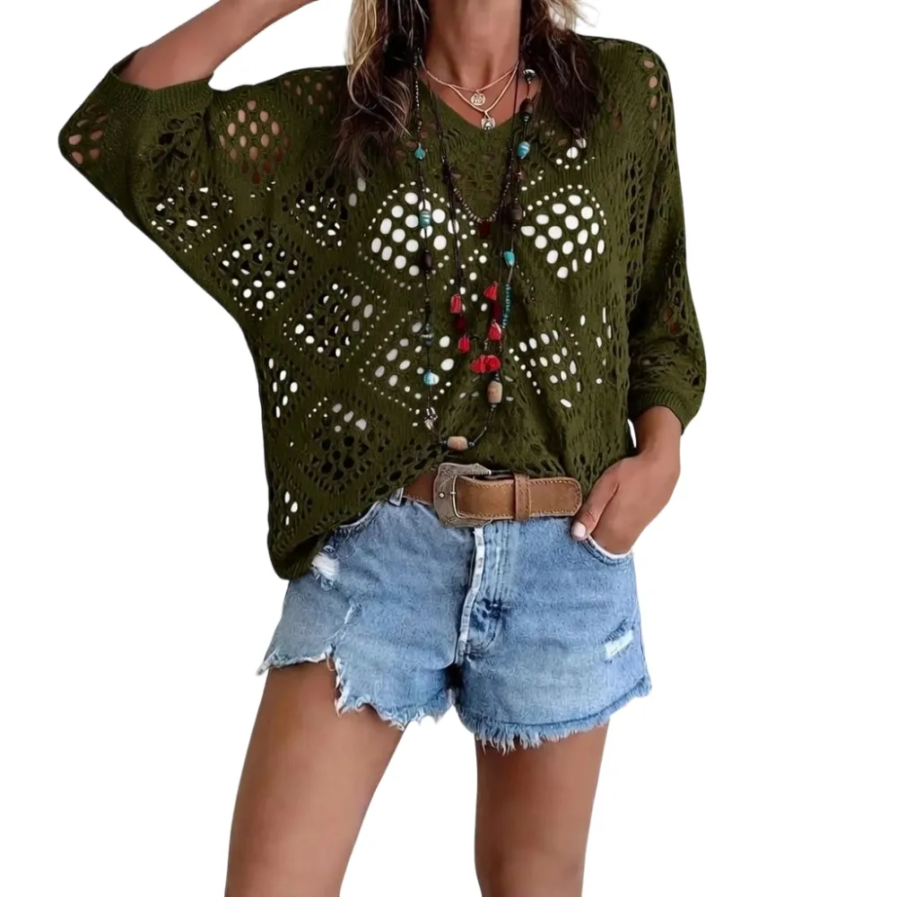 Women's Boho Crochet V-Neck Top – Casual Chic Knit