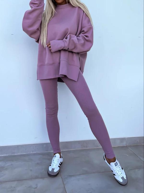 🔥Women's Solid Drop Shoulder Split Hem Sweatshirt & Pants Two-piece Set