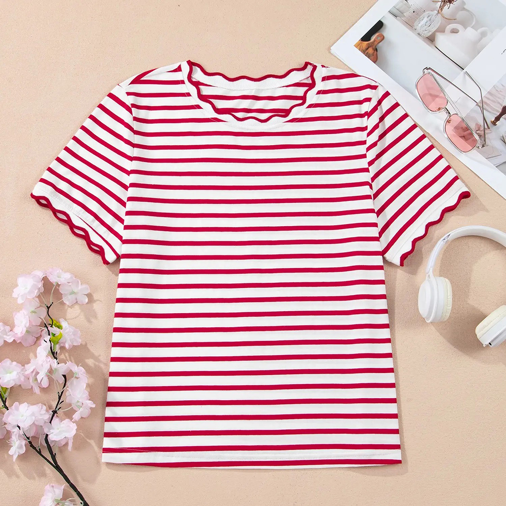 Women's Top Stripe Scalloped Trim Round Neck T Shirt