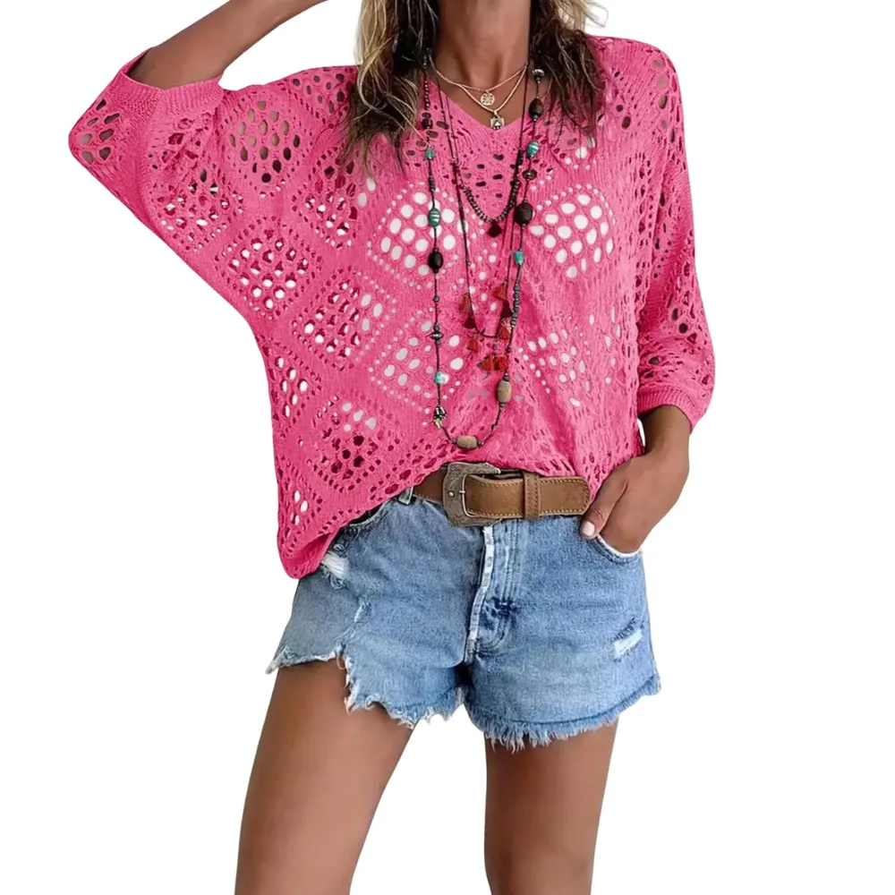 Women's Boho Crochet V-Neck Top – Casual Chic Knit