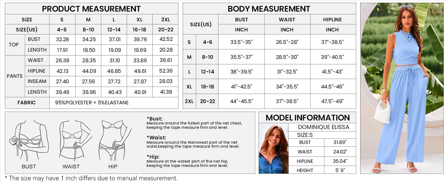 Women Summer 2 Piece Outfits 2026 Beach Crew Neck Sleeveless Cropped Top Elastic Waist Wide Leg Pants Lounge Set
