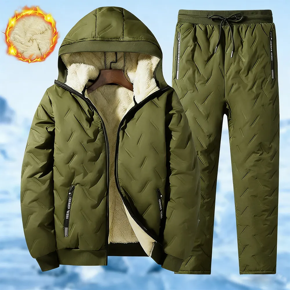 Men's Fleece Cotton Jacket Hooded Coat With Pants