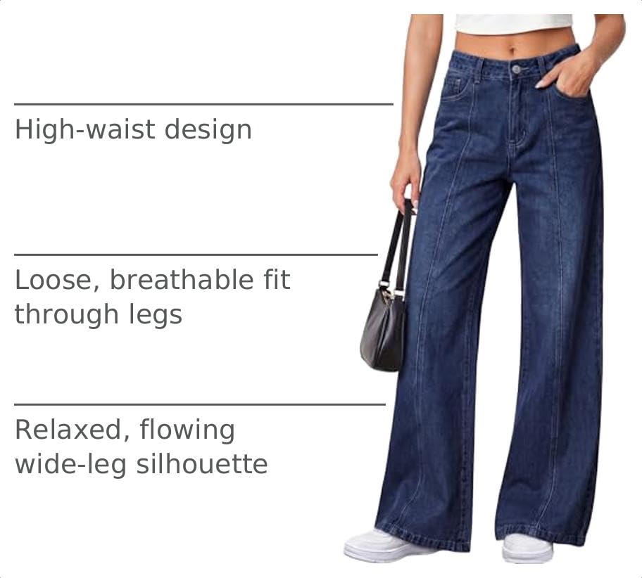 Women's Wide Leg Jeans Stretchy Baggy Denim Pants,Deep Blue,4