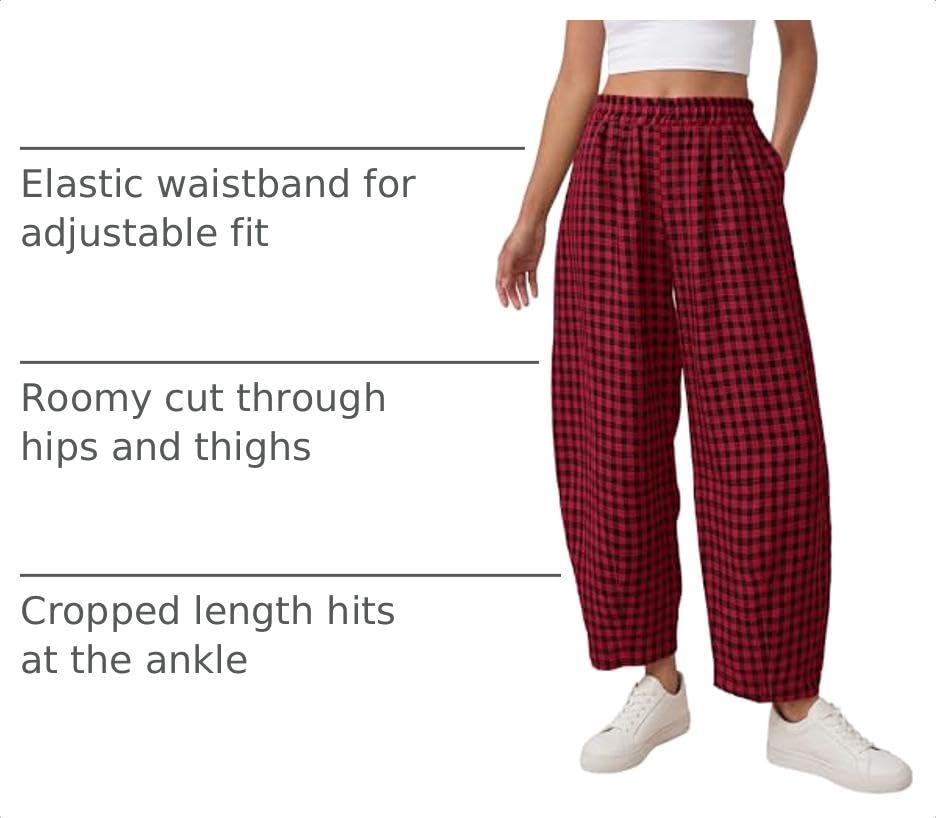 Plaid Barrel Pants Women Summer Bottoms, Black Red Plaid,S