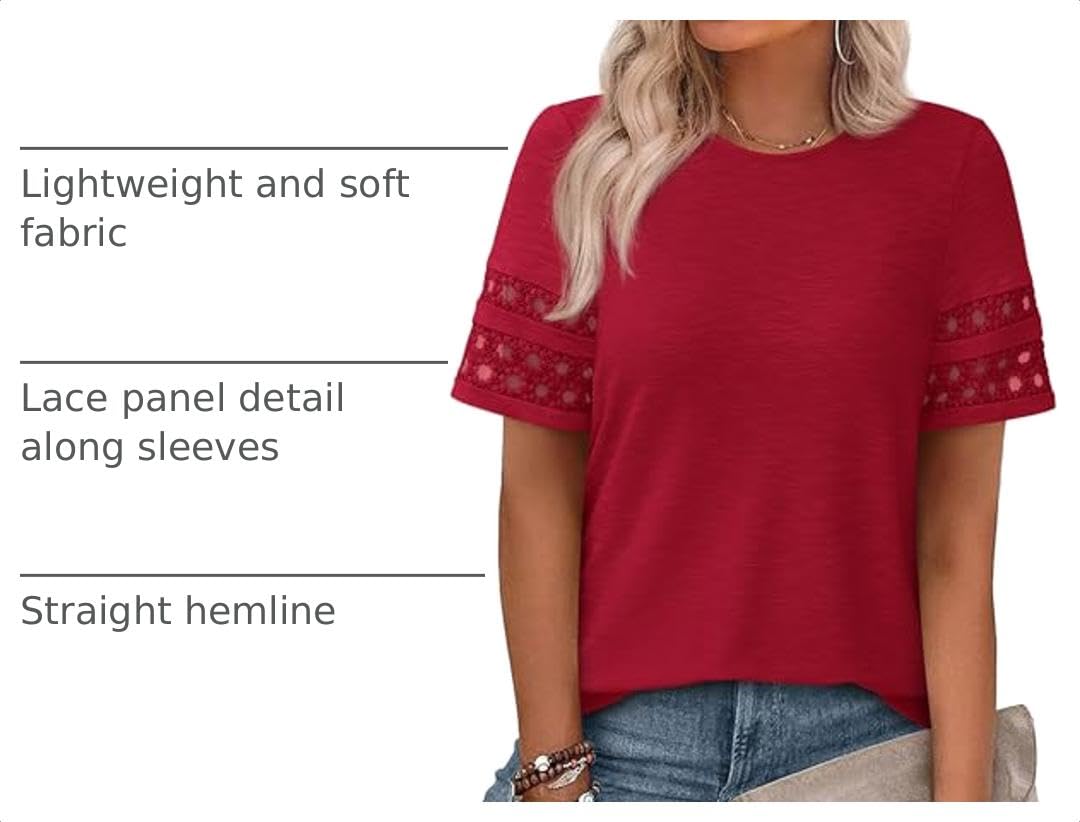 Women's Summer Short Sleeve Lace Trim T-Shirts,Red,S