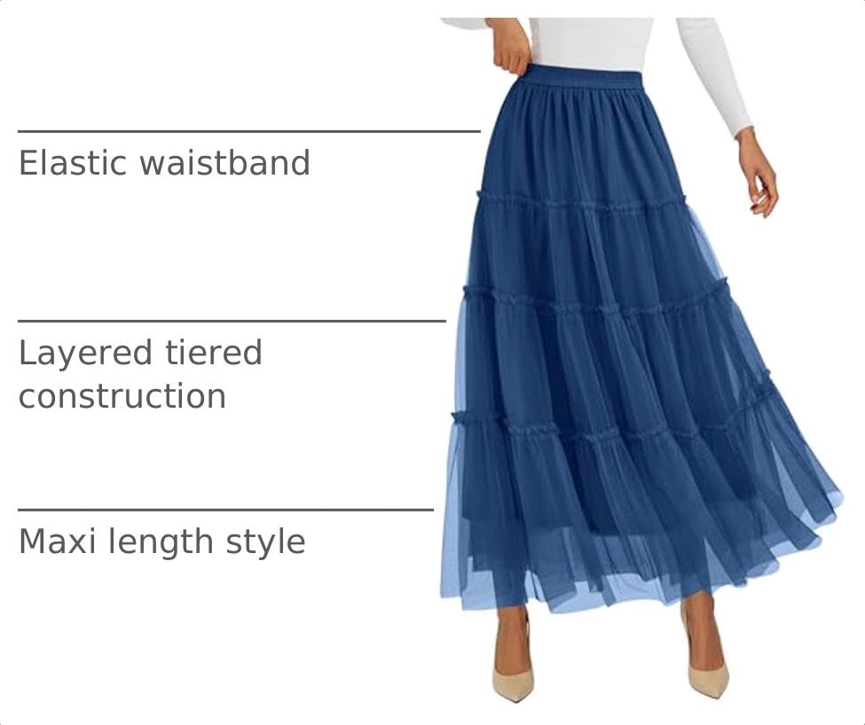 Women's Fall Soft Tulle Tiered Long Skirt,Blue,S