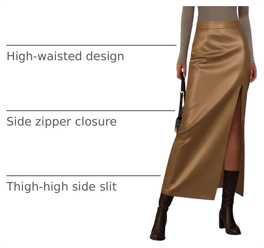 Women's Faux Leather Long Pencil Skirt,Camel,S
