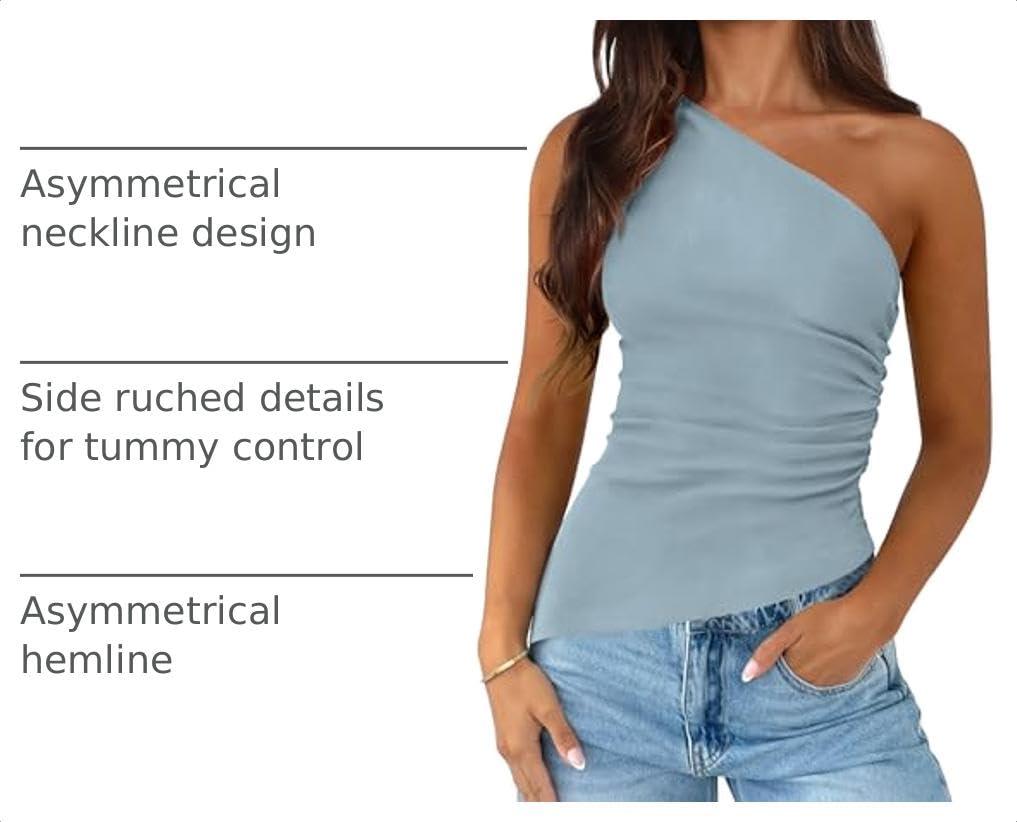 One Shoulder Summer Tops for Women,Light Grey Blue,XS