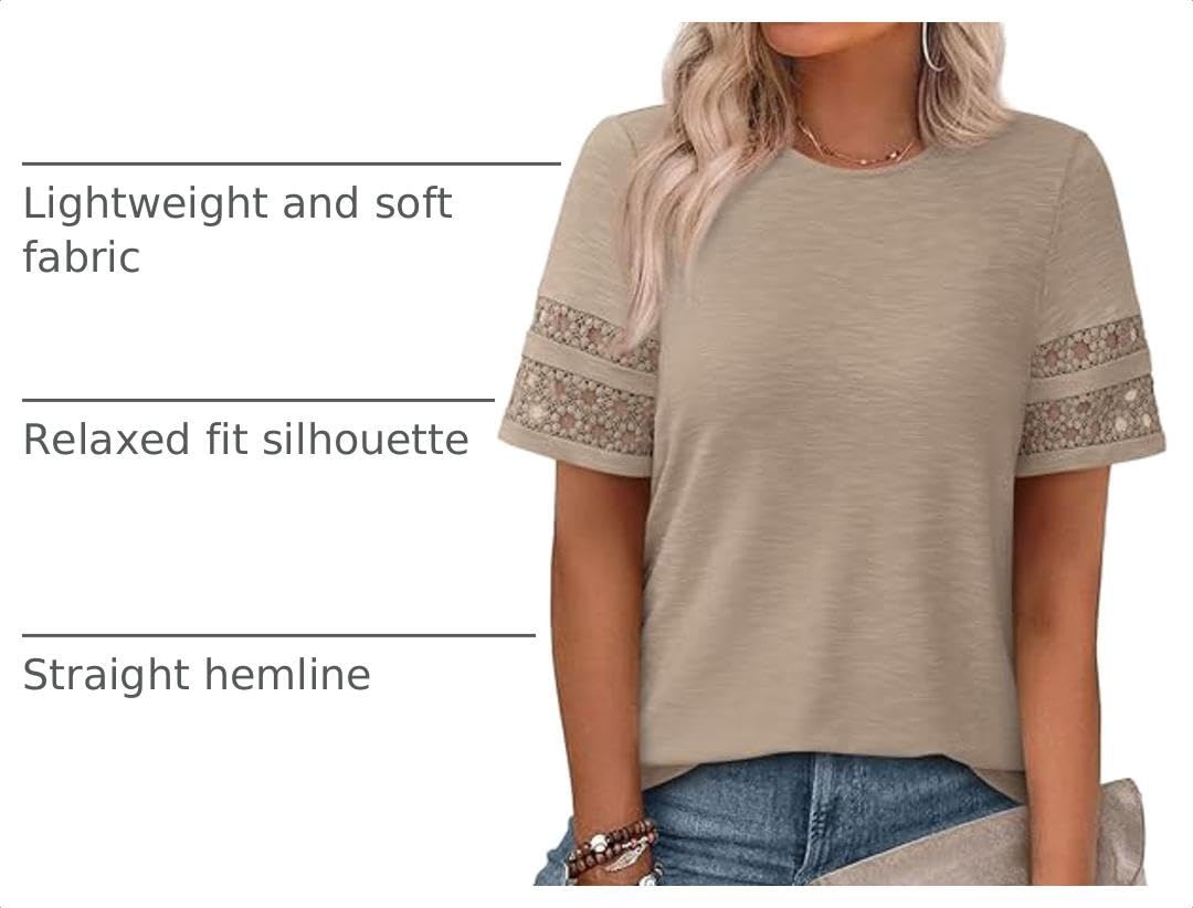 Women's Summer Short Sleeve Lace Trim T-Shirts,Khaki,S