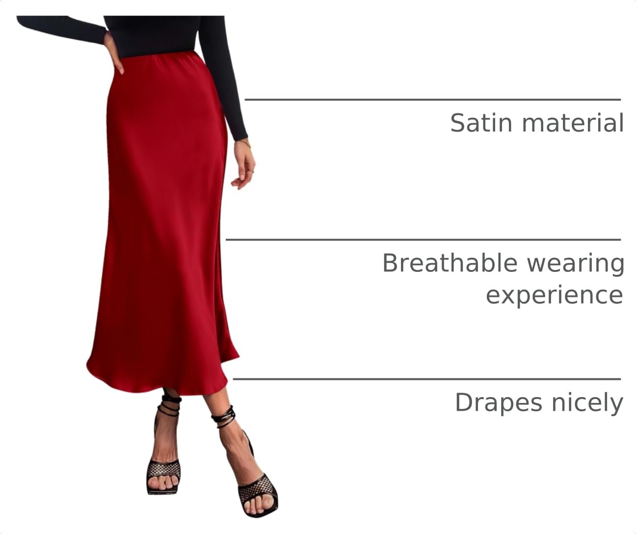 Women's Satin Midi Skirts Dressy Casual,Dark Red,S