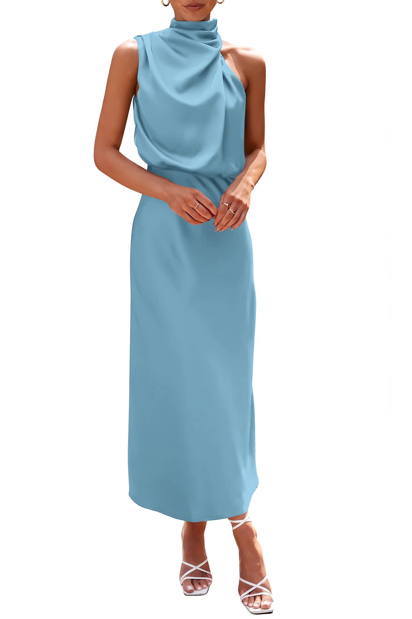 Women's Summer Satin Maxi Cocktail Dress Light Blue