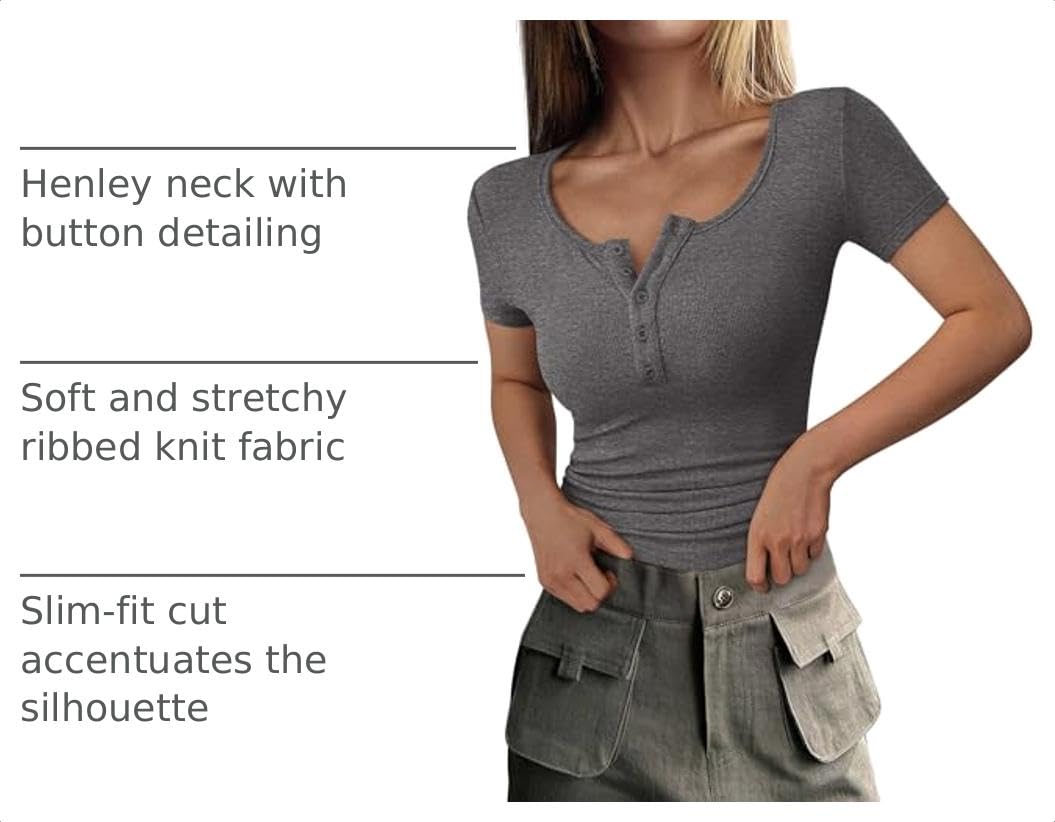 Women's Summer Tops Henley Tee Shirts (Charcoal,X-Small)