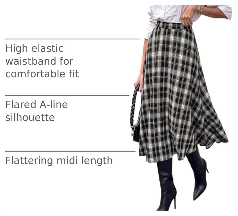 Women's Plaid High Waisted A-Line Midi Skirts,Black,M