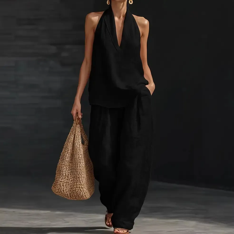 Women's Boho Linen Two Piece Set Halter Neck Sleeveless Top & Wide Leg Pants Beach Vacation Brunch Casual Outfit