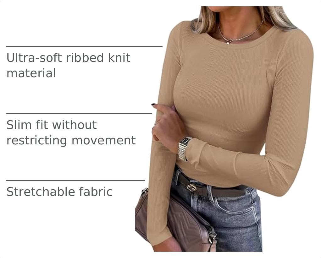 Women's Fall Long Sleeve Shirts Basic Tees (Khaki,XS)