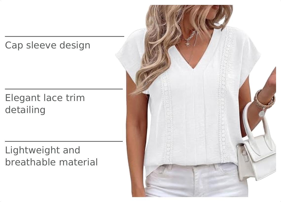 Blouses for Women Dressy Casual Spring 2026 Cap Sleeve V Neck Lace Trim Boho Tops Work Shirts Summer Clothes (White,Small)