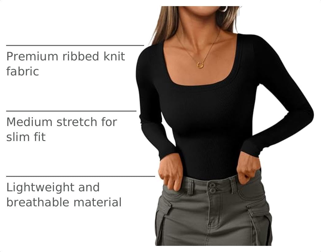 Square Neck Long Sleeve Shirts for Women Black,XXL