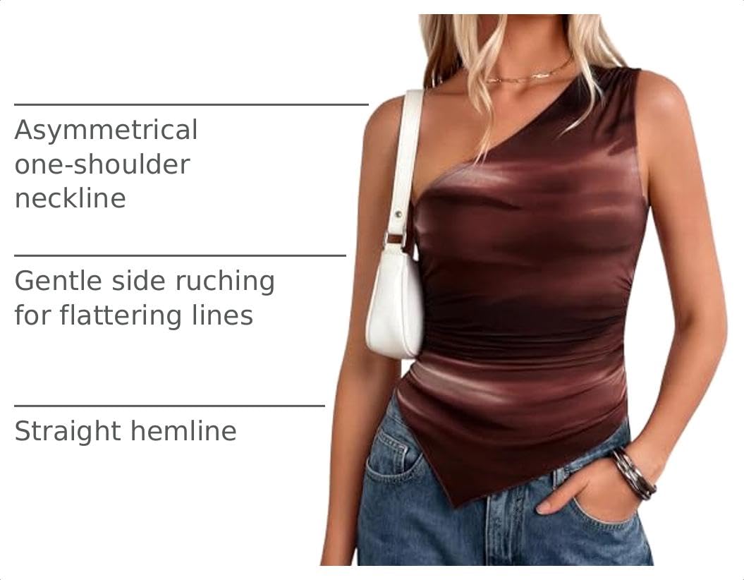 Women's One Shoulder Floral Mesh Tops, Brown Print,XS