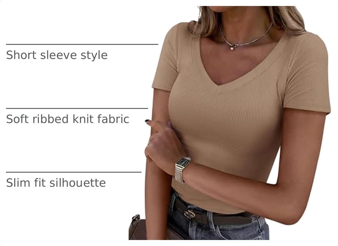Women's Summer Trendy Tops V Neck T Shirts (Light Khaki,XS)