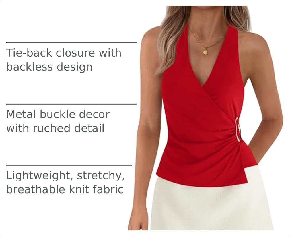 Sleeveless Vneck Tie Halter Tops for Women,Red,S