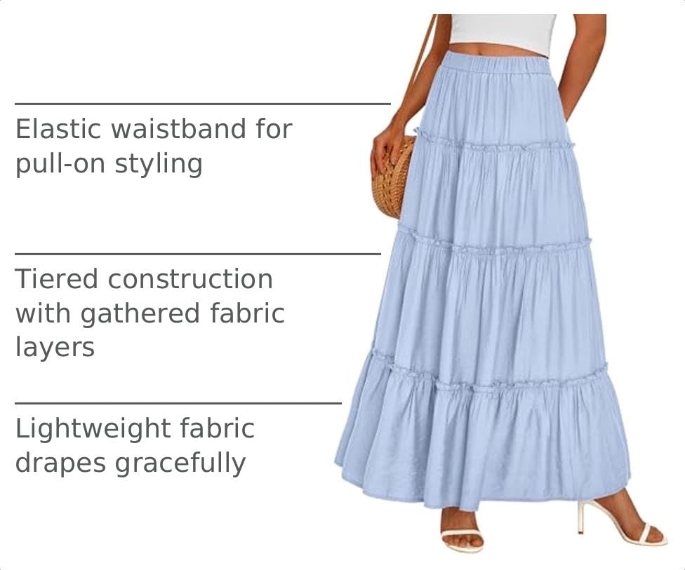 Women's Boho Tiered Ruffle Flowy Maxi Skirt, Sky Blue,S