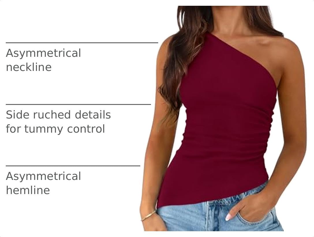 One Shoulder Summer Tops for Women,Wine Red,XS
