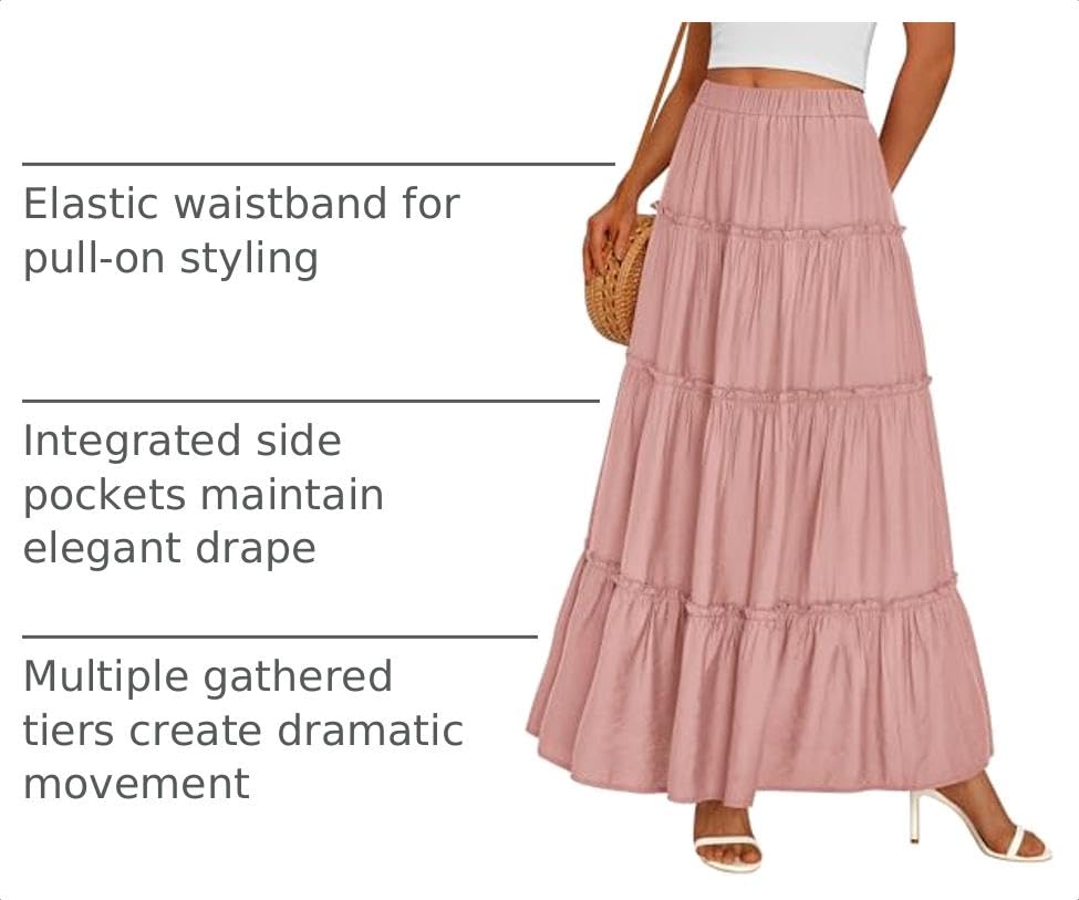 Women's Boho Tiered Ruffle Flowy Maxi Skirt, Pink,S